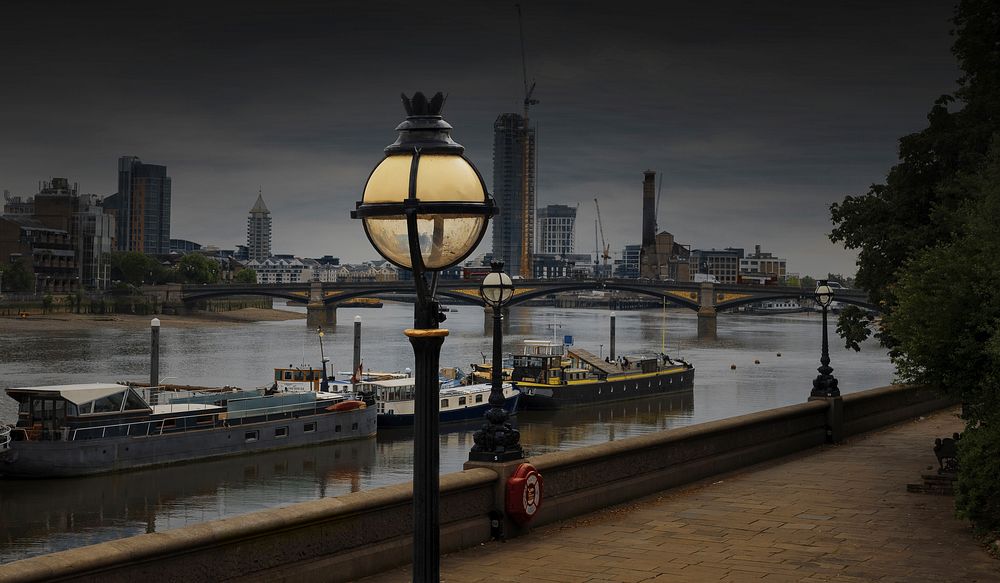 Free lamp pole next to river image, public domain CC0 photo.