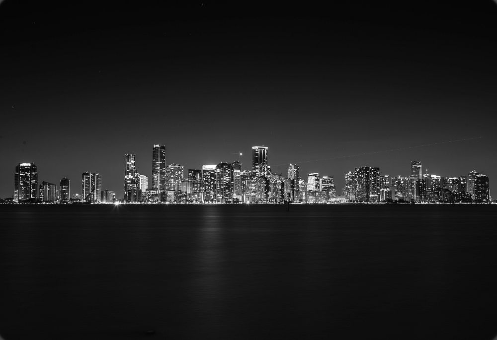 Urban city view night time black and white photography photo, free public domain CC0 image.