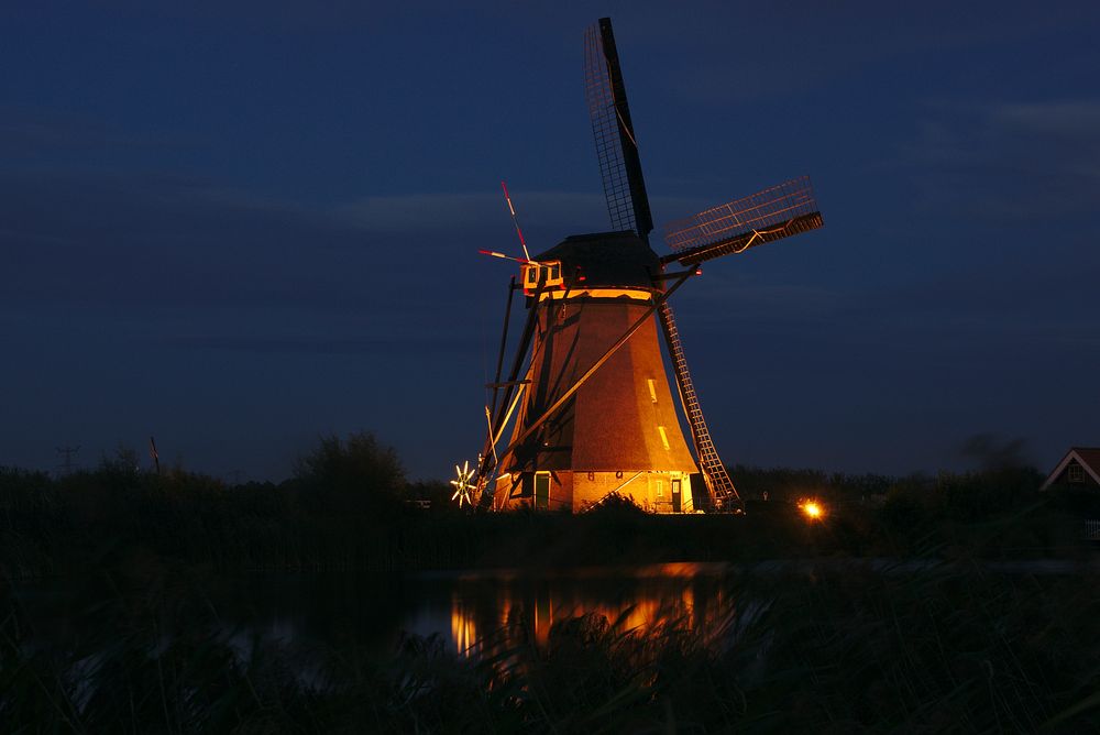 Free windmill at night image, public domain energy CC0 photo.