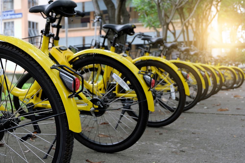 Free yellow bikes lined together image, public domain transportation CC0 photo.