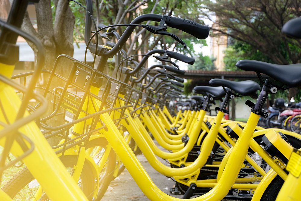 Free yellow bikes lined together image, public domain transportation CC0 photo.