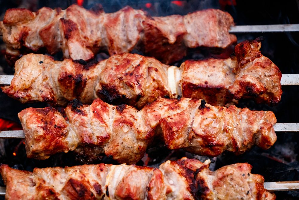 Free grilling meat skewers photo, public domain food CC0 image. 