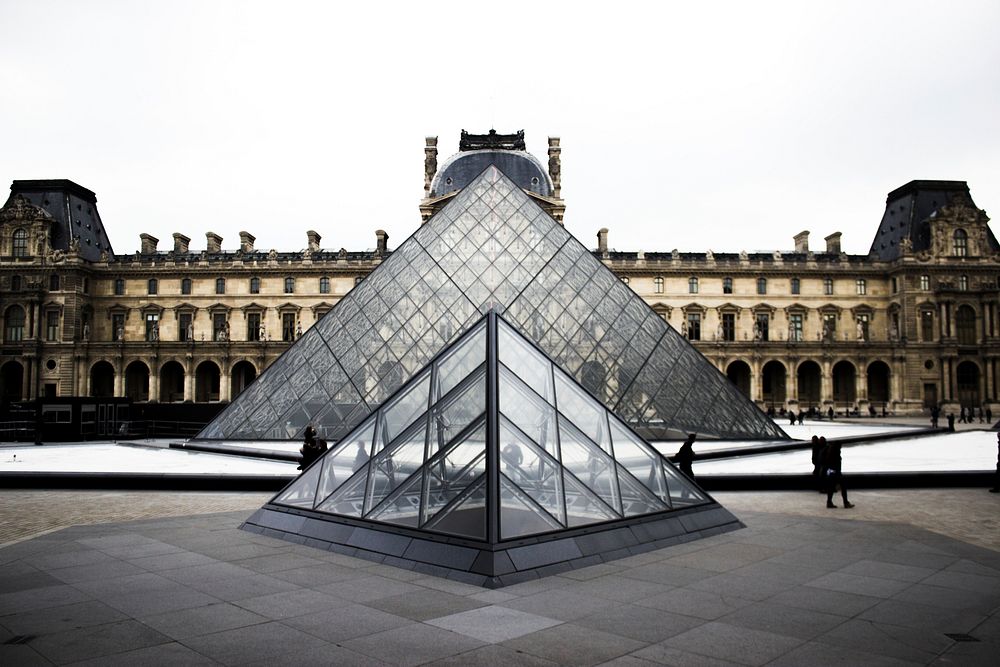 Free Versailles and the glass pyramid photo, public domain travel CC0 image.