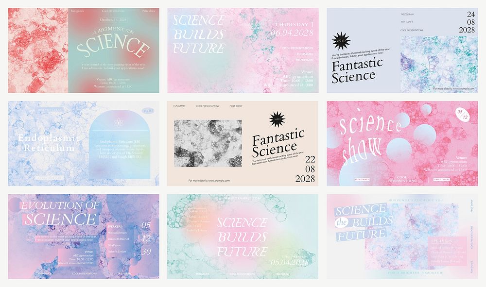 Aesthetic bubble art template vector science event colorful ad banners set