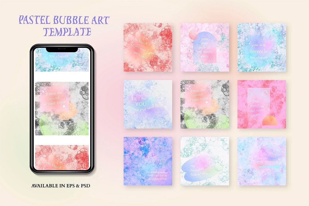 Aesthetic bubble art template psd with romantic quote social media post set