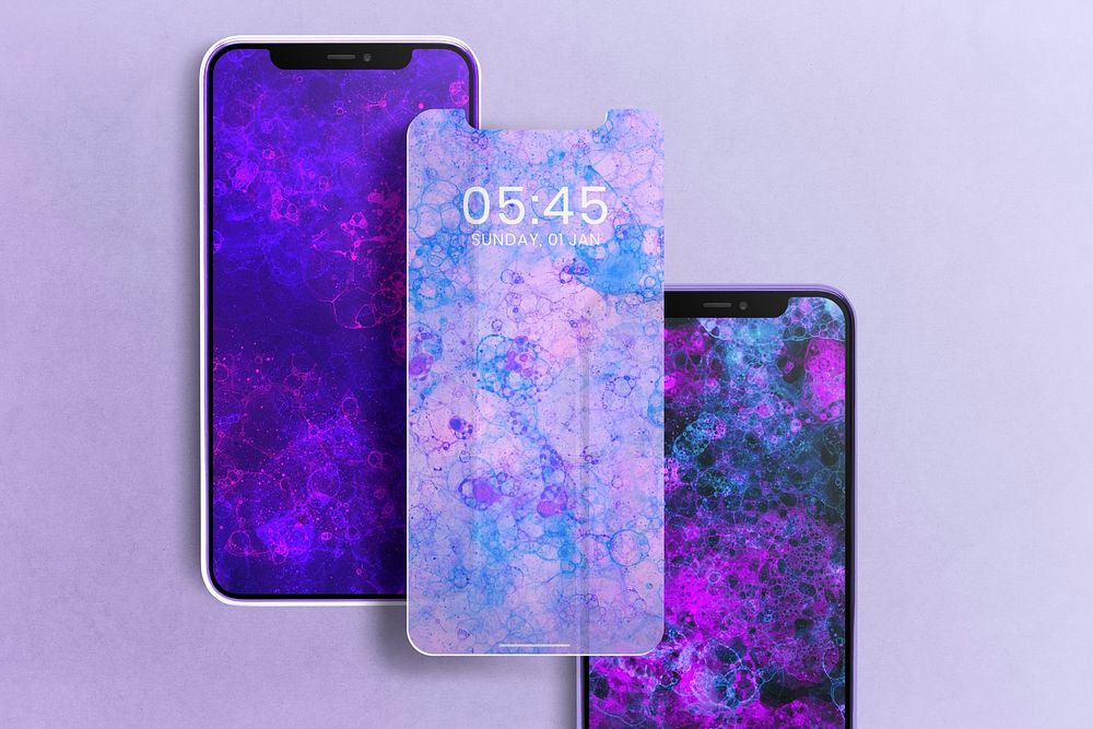 Smartphone screen mockup psd with purple bubble art wallpaper 