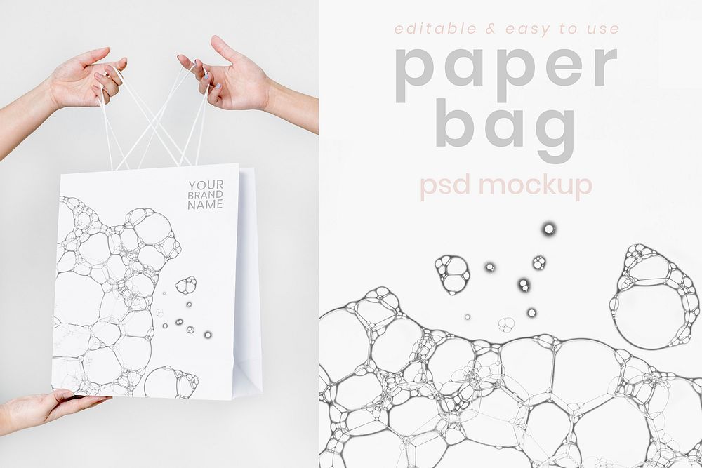 Paper shopping bag mockup psd with creative bubble art print