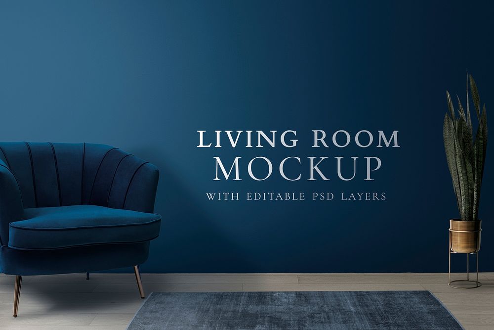 Living room interior mockup psd in blue modern style