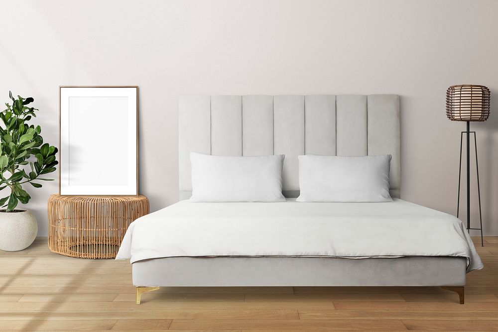 Picture frame mockup psd leaning in minimal bedroom home decor interior