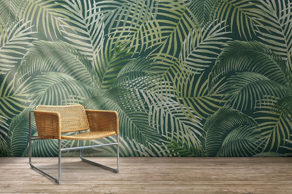 Empty room with tropical wallpaper and wooden chair