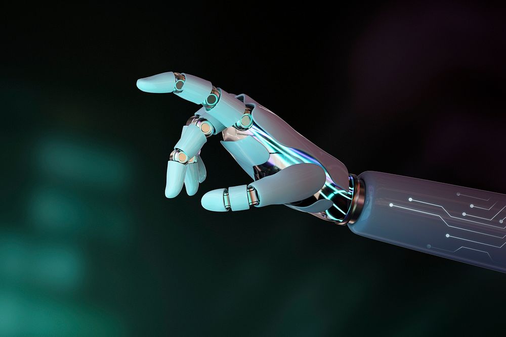 Cyborg hand psd background, technology of artificial intelligence