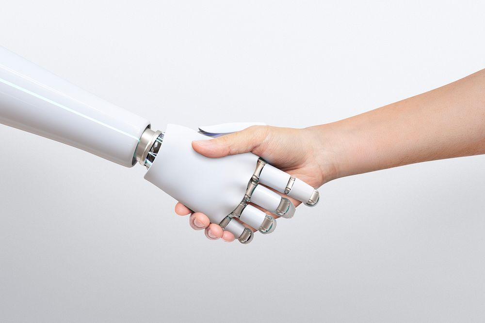 Robot handshake psd human, futuristic digital age background