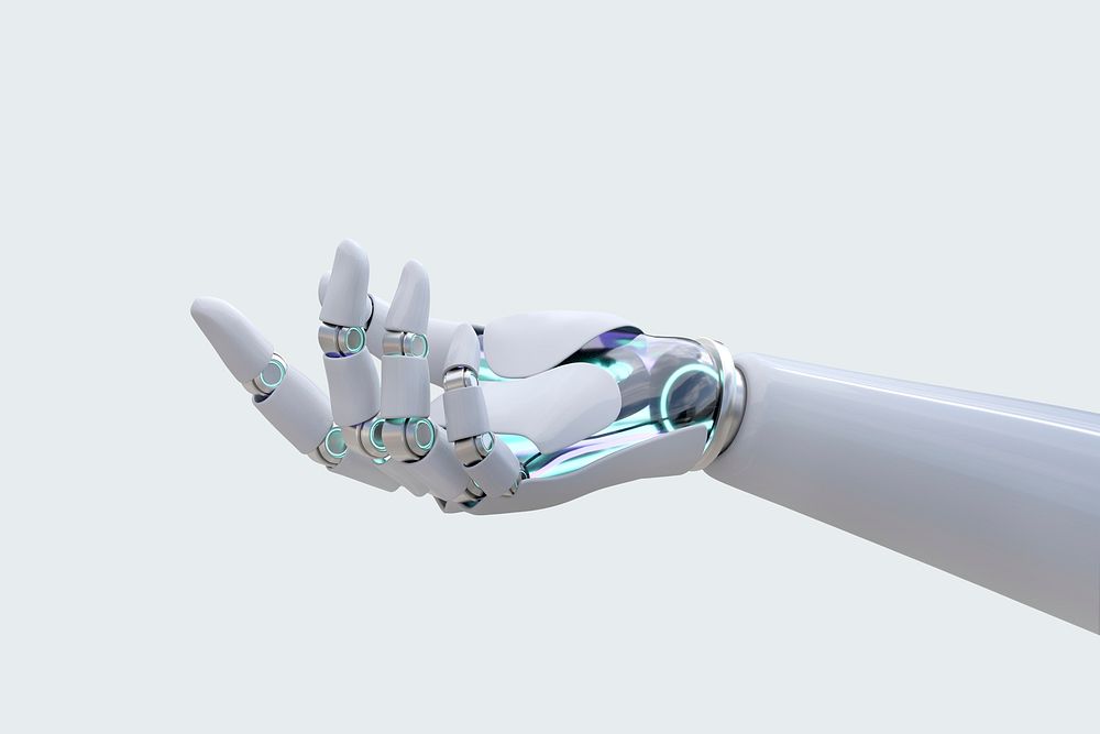 Robot hand showing psd, AI technology side view background