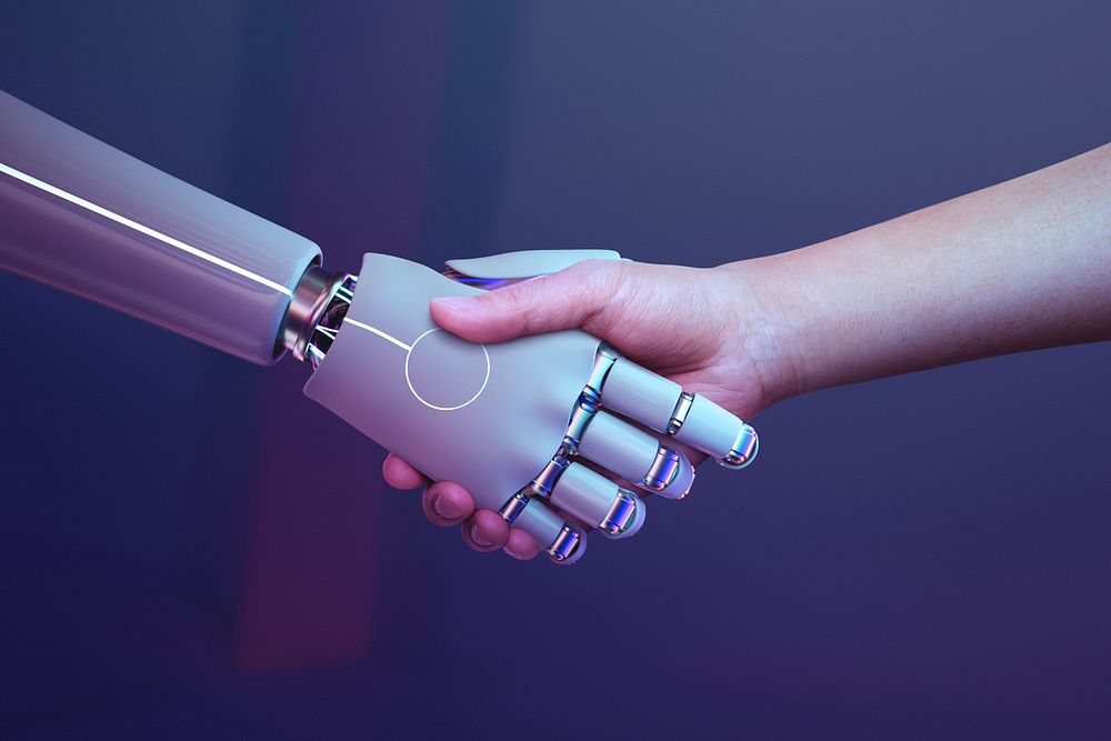 Robot handshake human psd background, artificial intelligence digital transformation