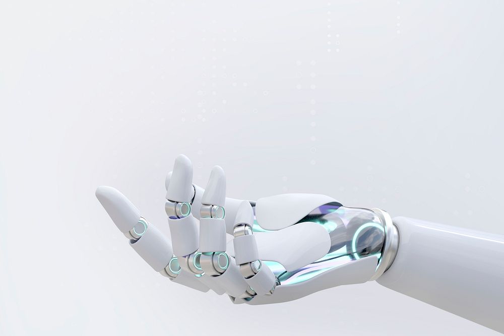 Cyborg hand finger pointing psd, technology background of artificial intelligence