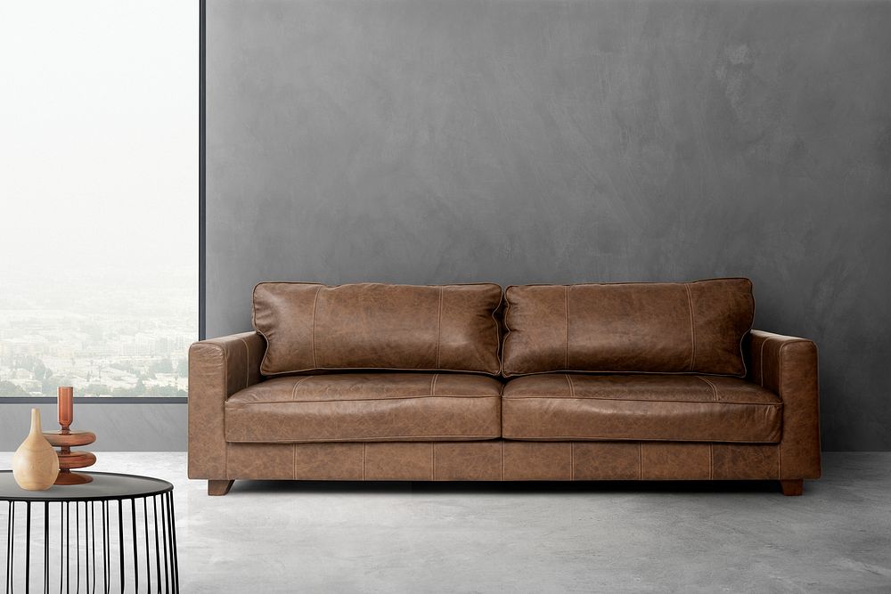 Industrial living room interior design with faux leather sofa