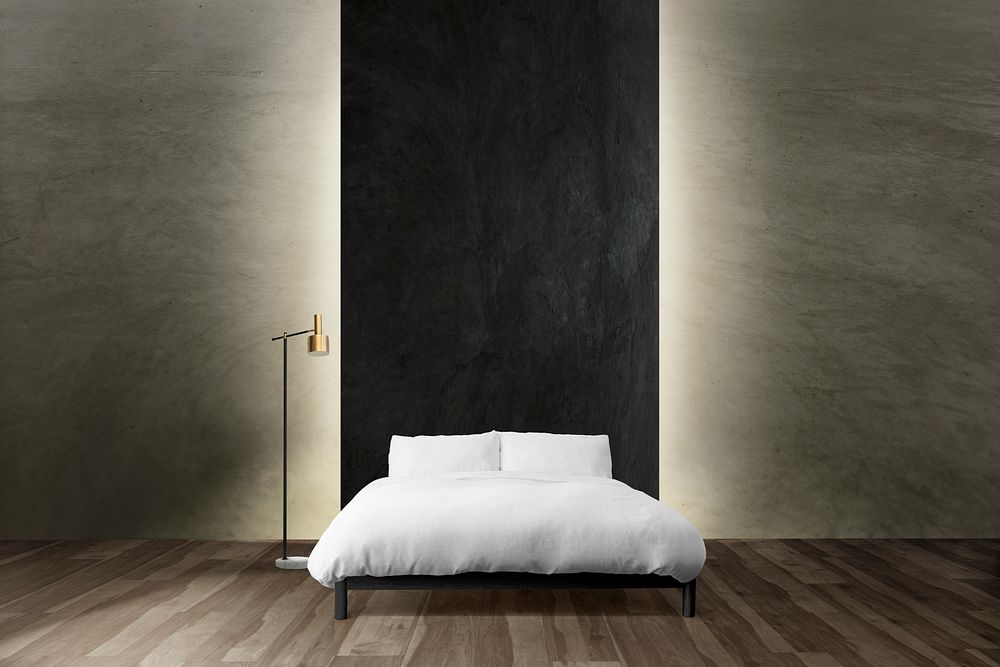 Loft bedroom mockup psd interior design with wall lamp