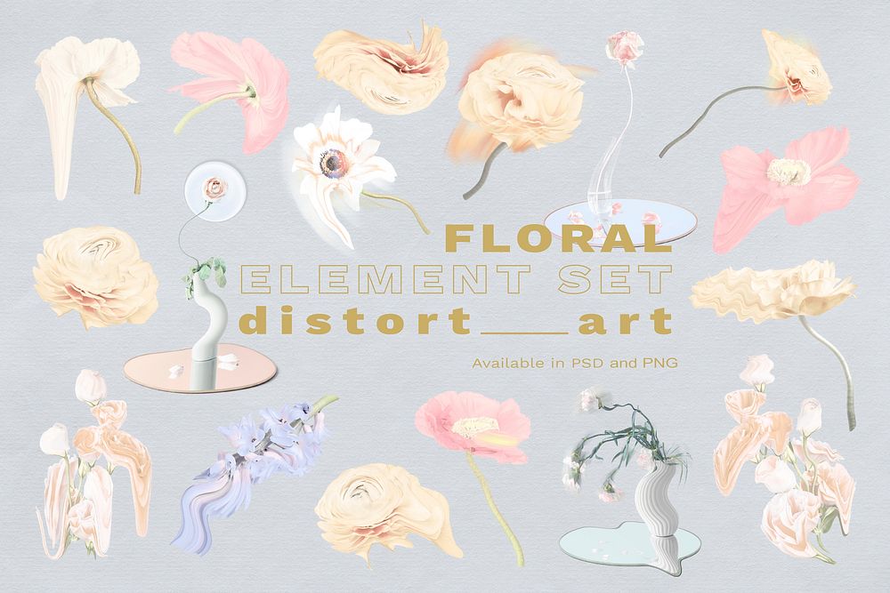 Flowers stickers PSD psychedelic pastel abstract art set