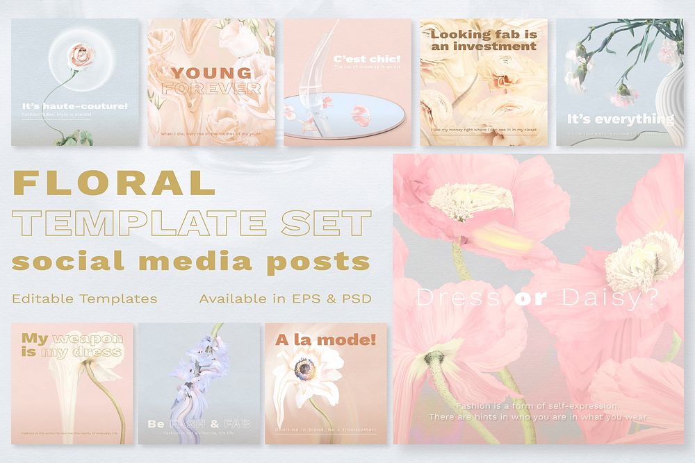 Floral Instagram post templates vector, abstract pastel psychedelic art set