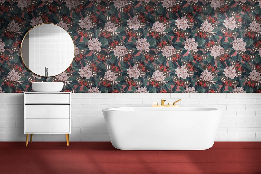 Floral bathroom wall mockup psd authentic interior design