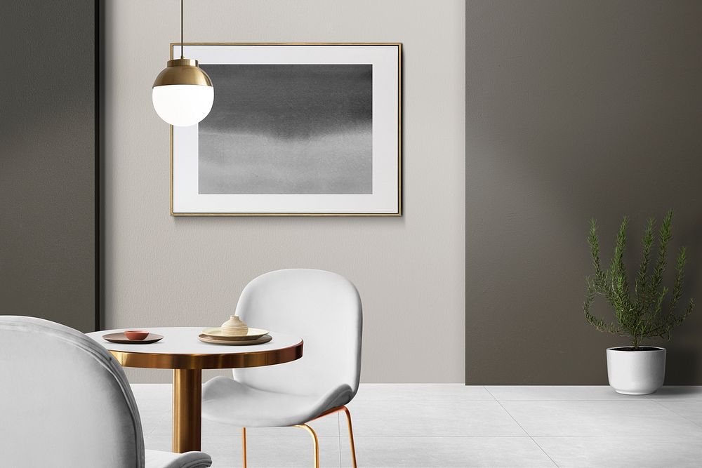 Frame mockup psd hanging in modern dining room