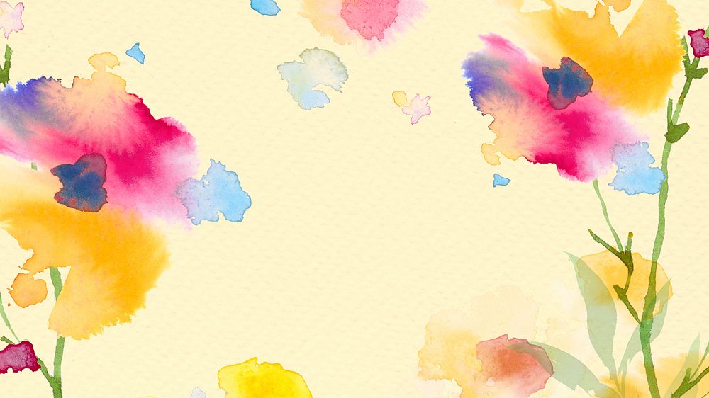 Spring floral border background in yellow with flower watercolor illustration