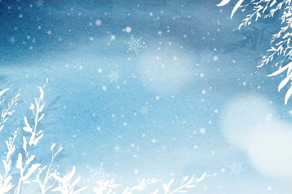 Floral winter watercolor background in blue with beautiful snow