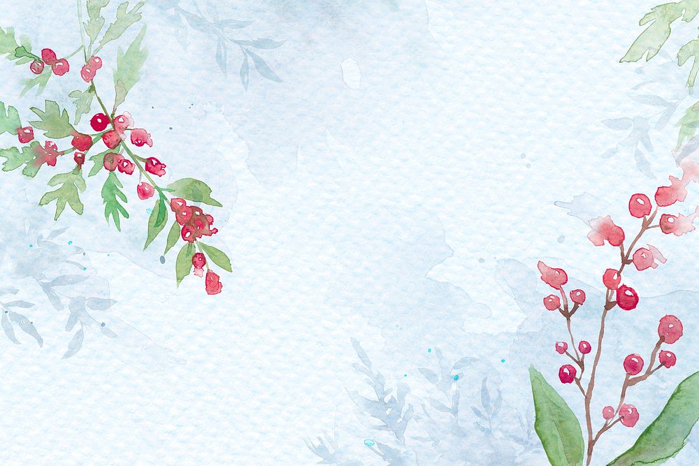 Floral christmas border background psd in blue with beautiful red winterberry