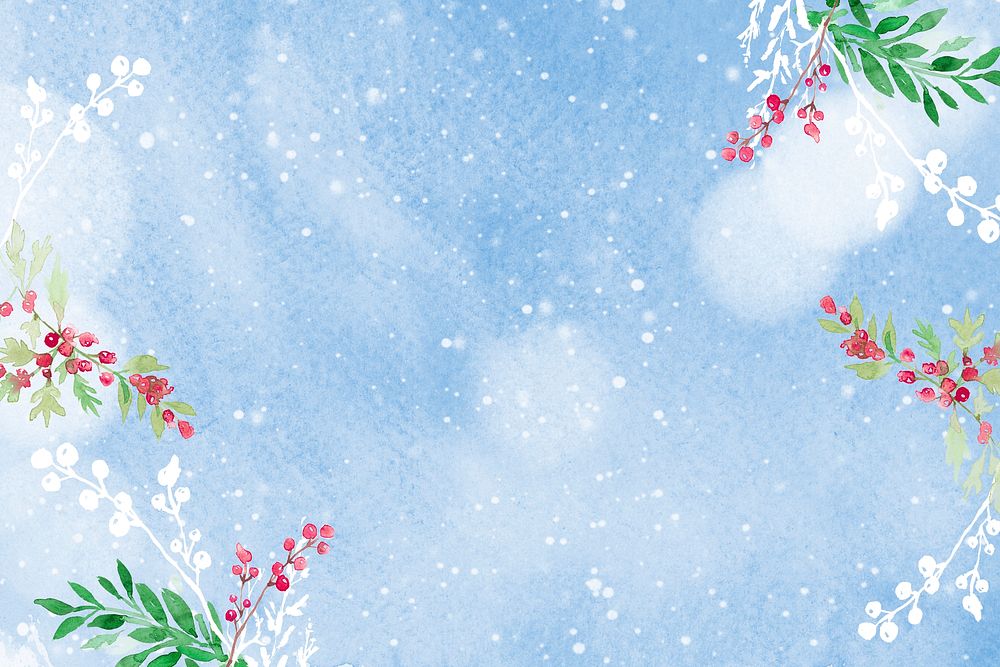 Floral christmas border background psd in blue with beautiful red winterberry