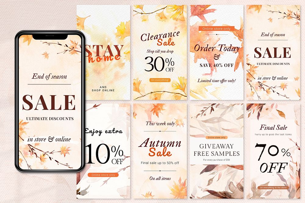Aesthetic autumn sale template psd social media ad collection