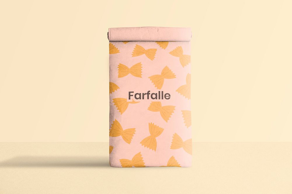 Reusable paper bag mockup psd rolled up in pasta pattern