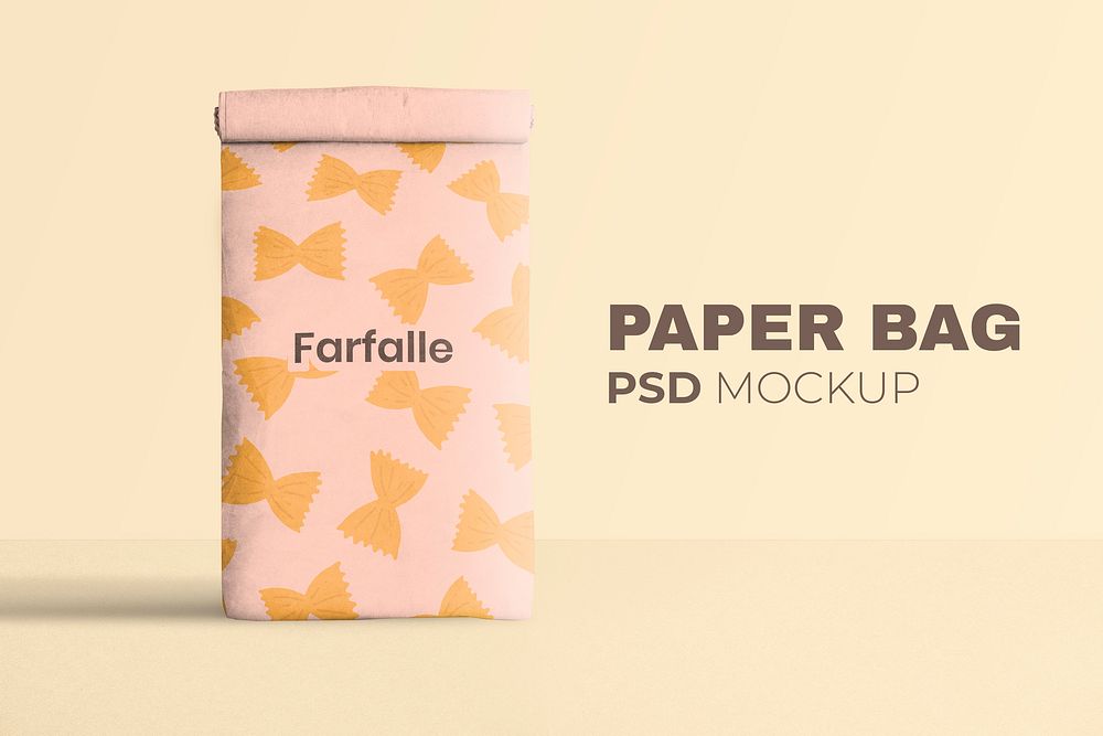 Reusable paper bag mockup psd rolled up in pasta pattern