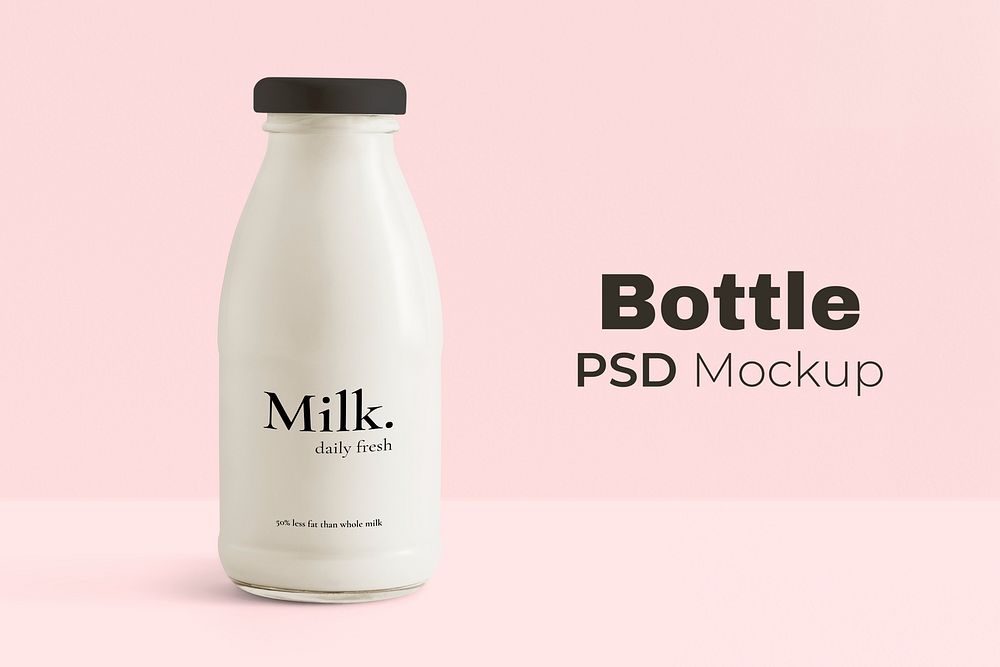 Glass milk bottle mockup psd with label product packaging