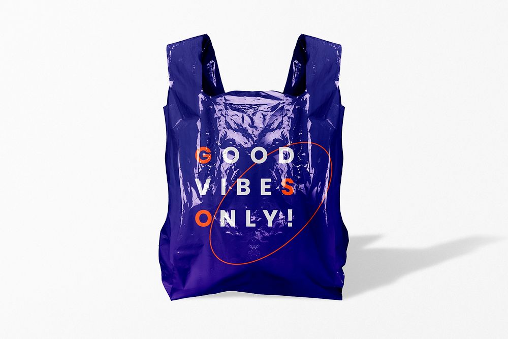 Plastic shopping bag mockup, blue realistic design psd