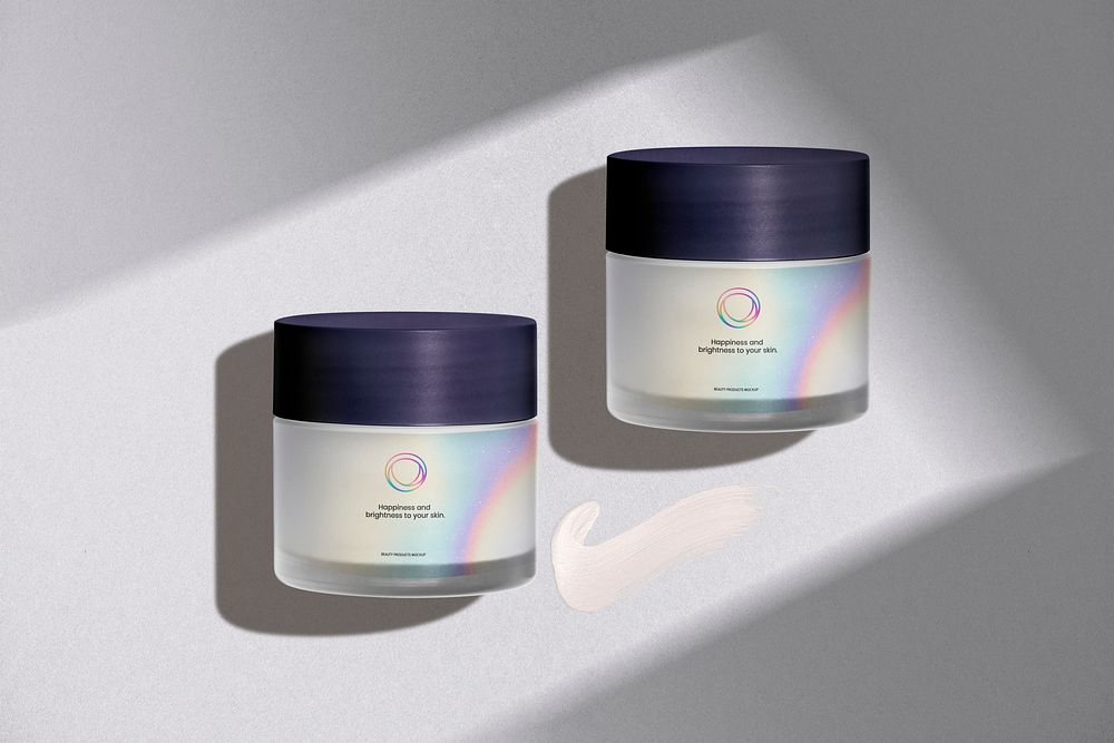 Skincare jar mockups, gradient business logo psd, beauty product packaging design