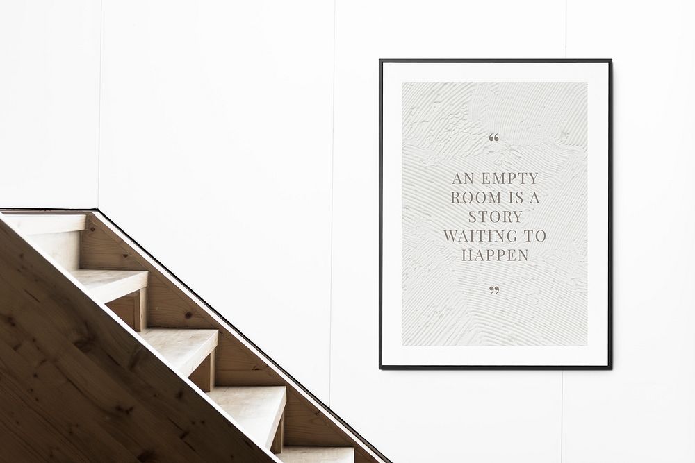 Picture frame mockup psd by stairs and a white wall