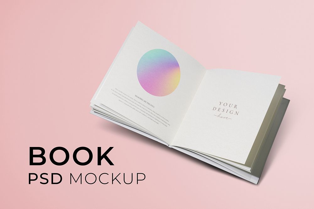 Book psd mockup, gradient graphic and pink background