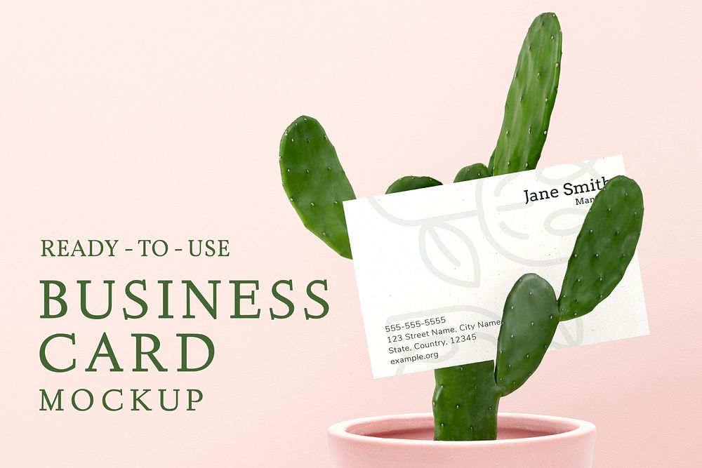 Business card mockup psd on a cactus 