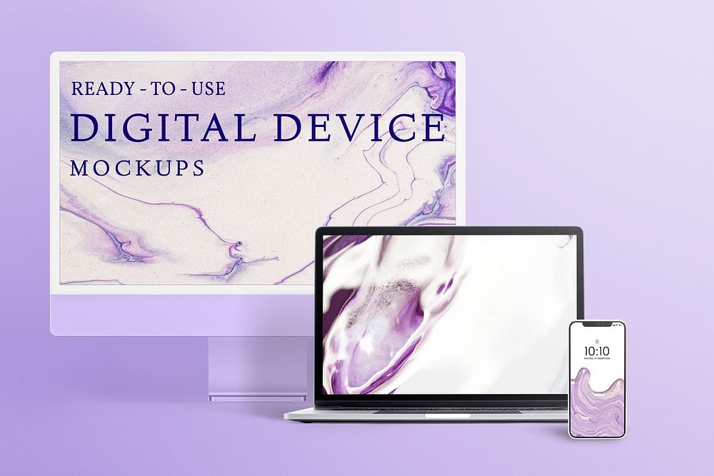 Phone, computer, laptop screen mockup psd, purple aesthetic 