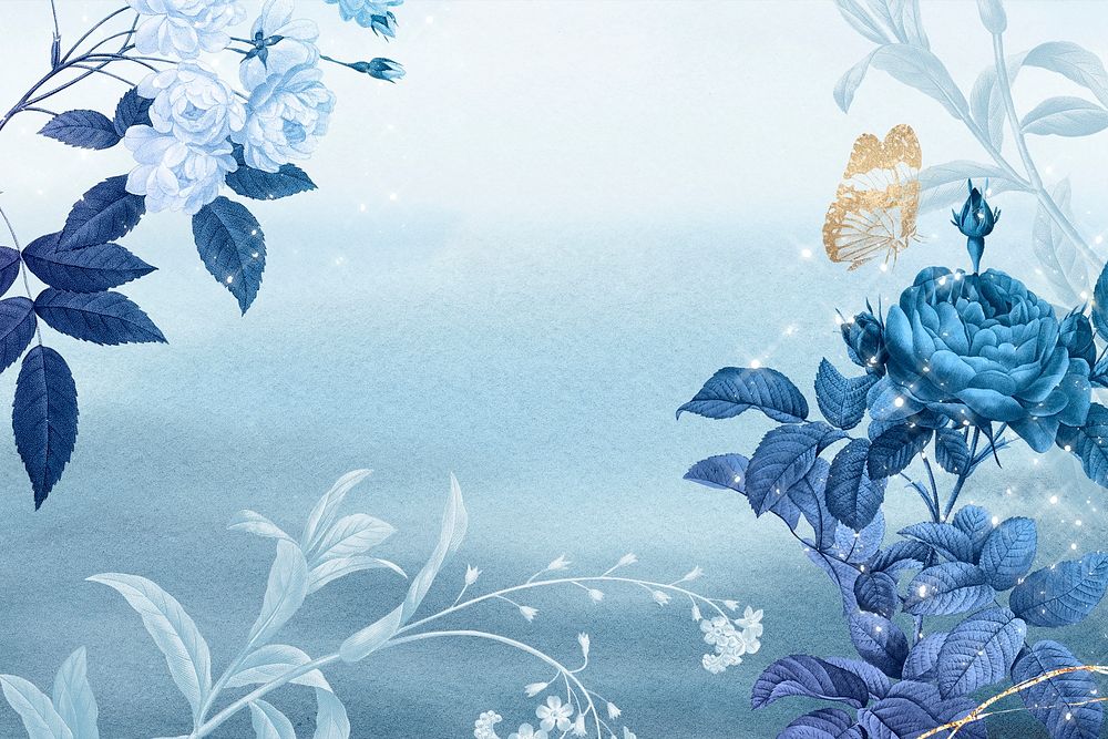 Flower background psd, blue border design, remixed from vintage public domain images