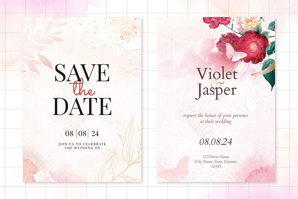 Flower wedding invitation template with aesthetic border vector, remixed from vintage public domain images