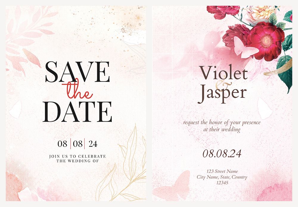Flower wedding invitation template vector, remixed from vintage public domain images