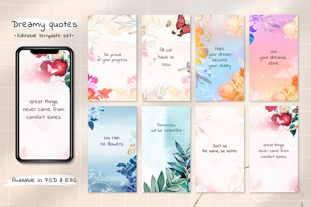 Instagram story templates, flower life quotes vector, remixed from vintage public domain images
