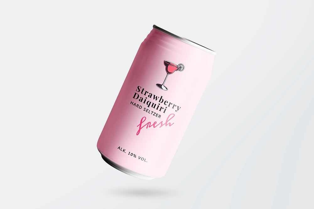 Soda can mockup, pink beverage packaging psd