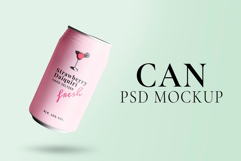 Soda can mockup, pink beverage packaging psd