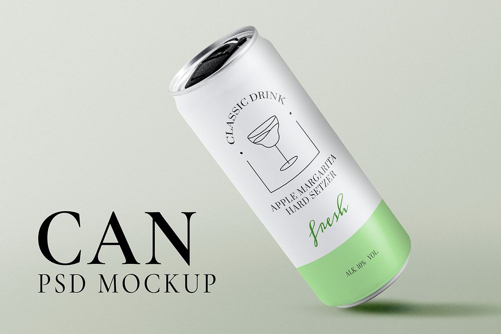 Soda can mockup, green beverage packaging psd