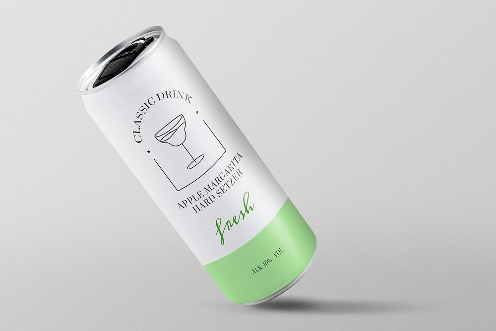 Soda can mockup, green beverage packaging psd