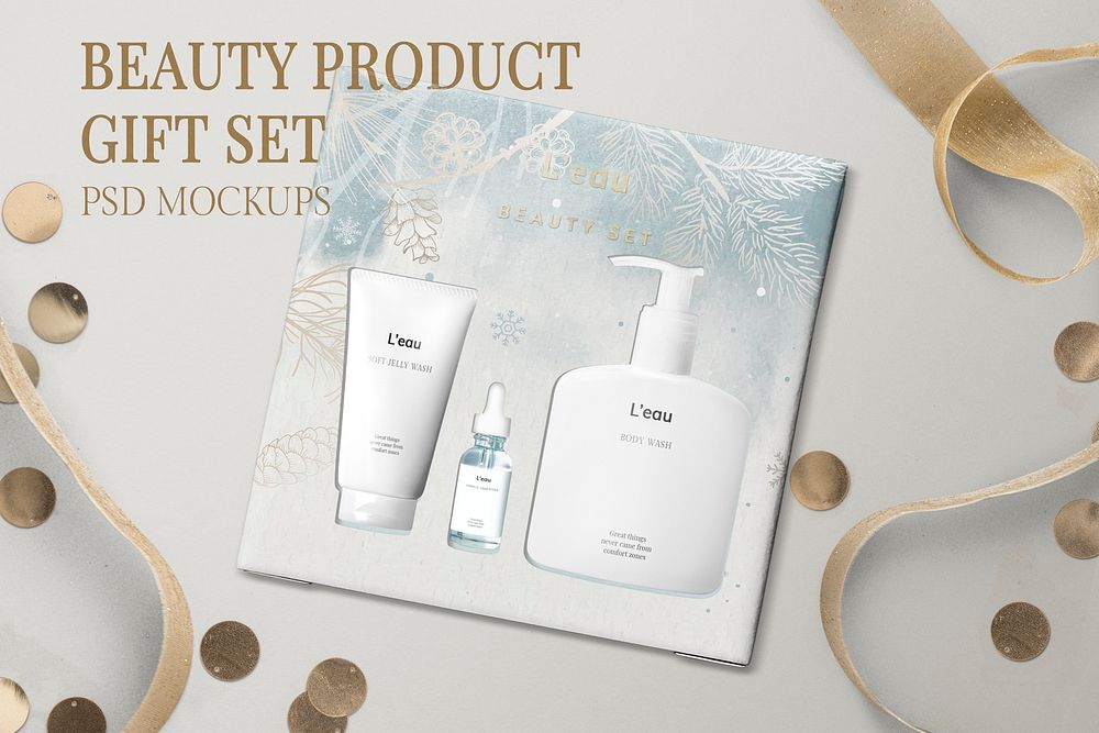 Cosmetics packaging mockup, beauty product psd gift set