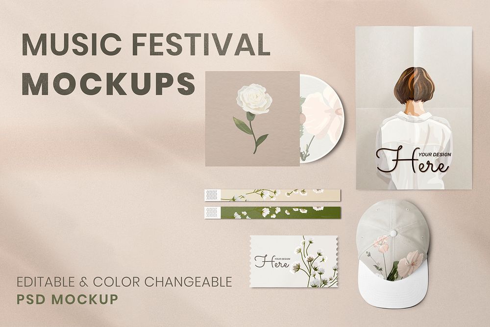 Music festival mockup, flower design psd event passes high resolution image