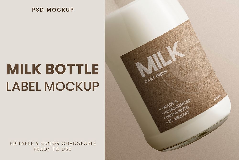 Milk bottle mockup, glass packaging design psd